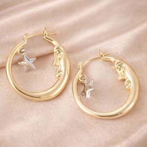 Moon Gold Hoop Earrings with Silver Star Charm